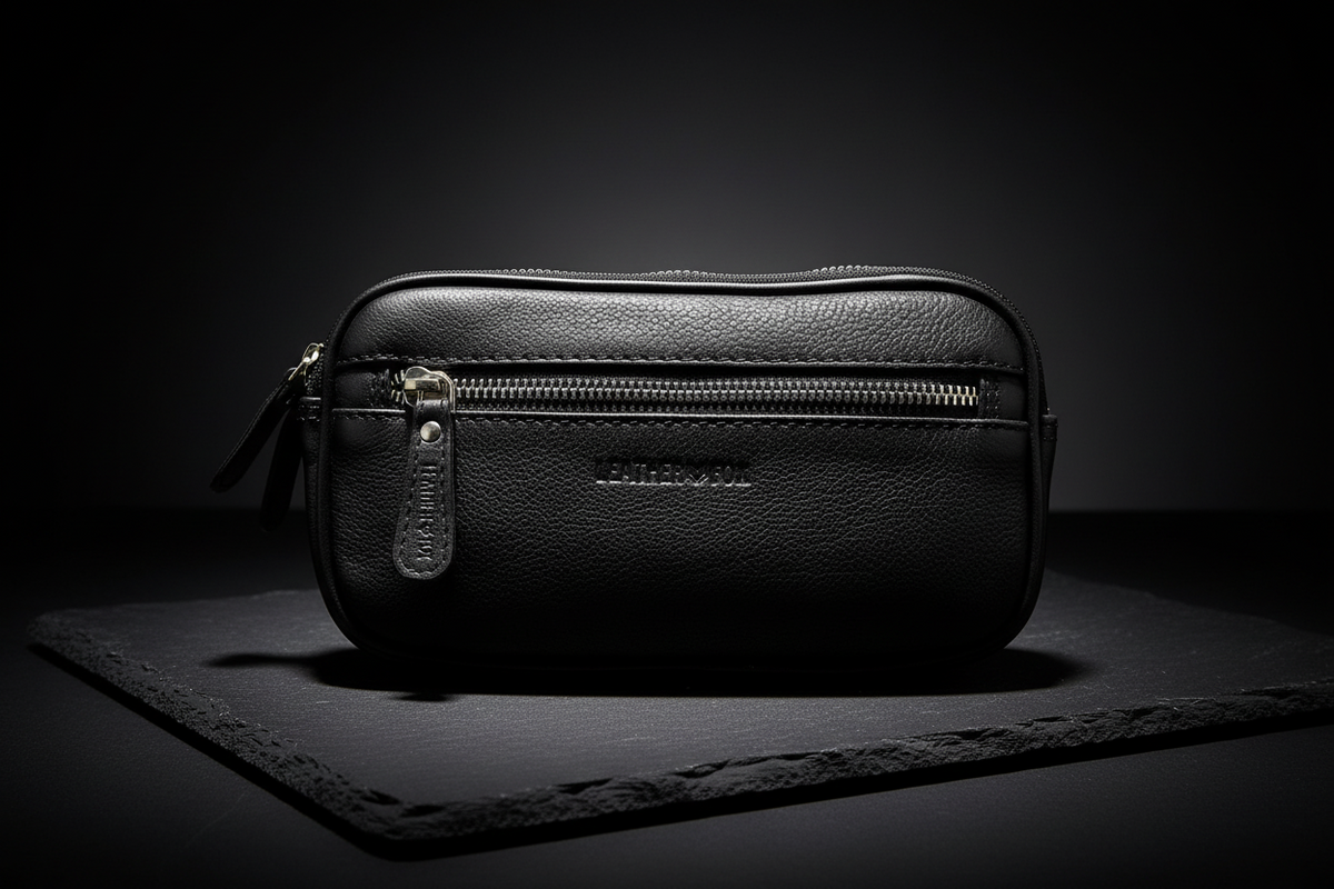 Gürteltasche Leder XXL mit 2 Hauptfächern | Bauchtasche Nappaleder Schwarz | Hüfttasche Echtleder 21cm