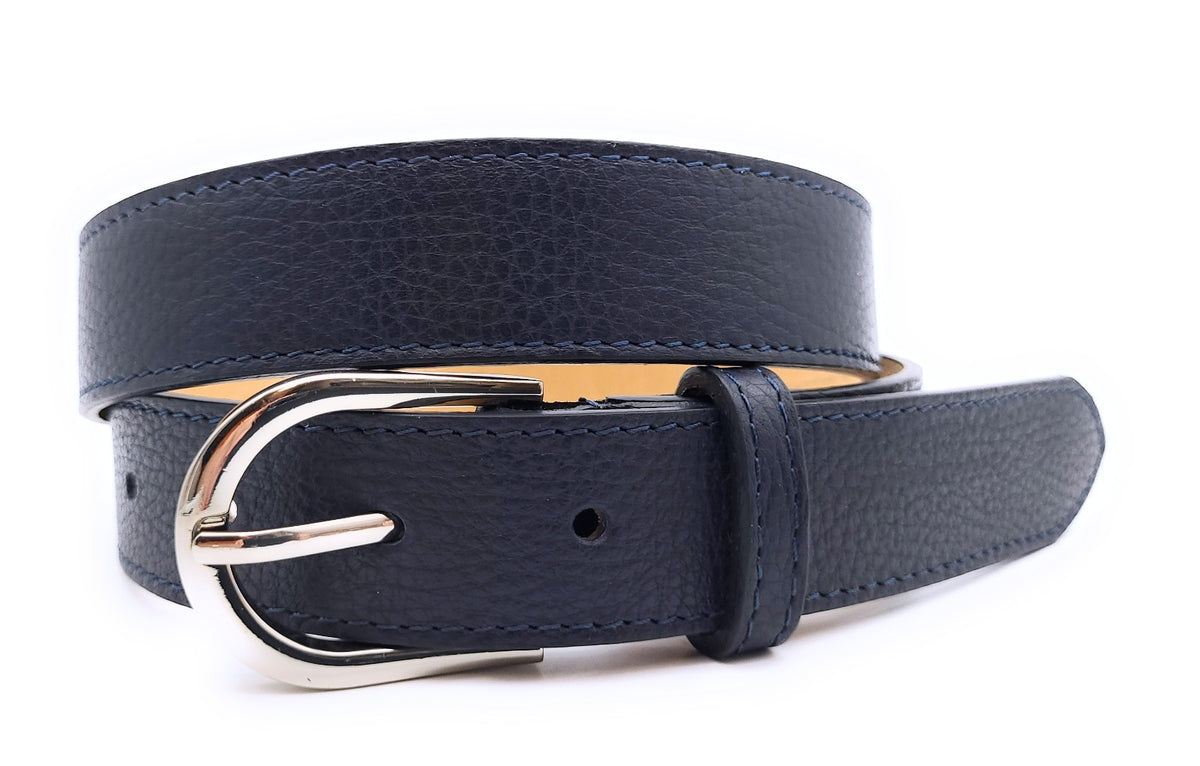 Echtledergürtel Made in Italy – ca. 30 mm breit, kürzbar, Metallschließe, genarbte Oberfläche, 5 Loch Gürtel für Herren & Damen navy blau