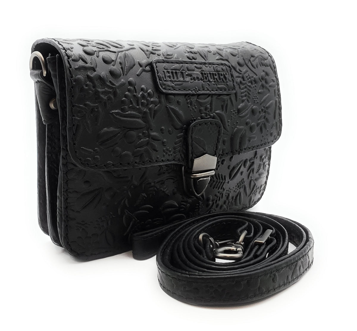 Hill Burry Damen Gürteltasche – Echtleder, floral geprägt, Schwarz