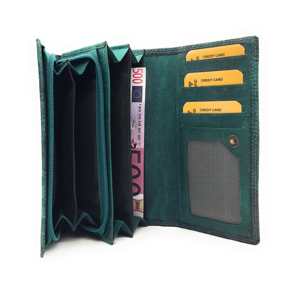 Damen Geldbörse Groß Echt Leder RFID Schutz - Büffelleder Portemonnaie mit 18 Kartenfächern - Große Brieftasche mit Blumenprägung grün