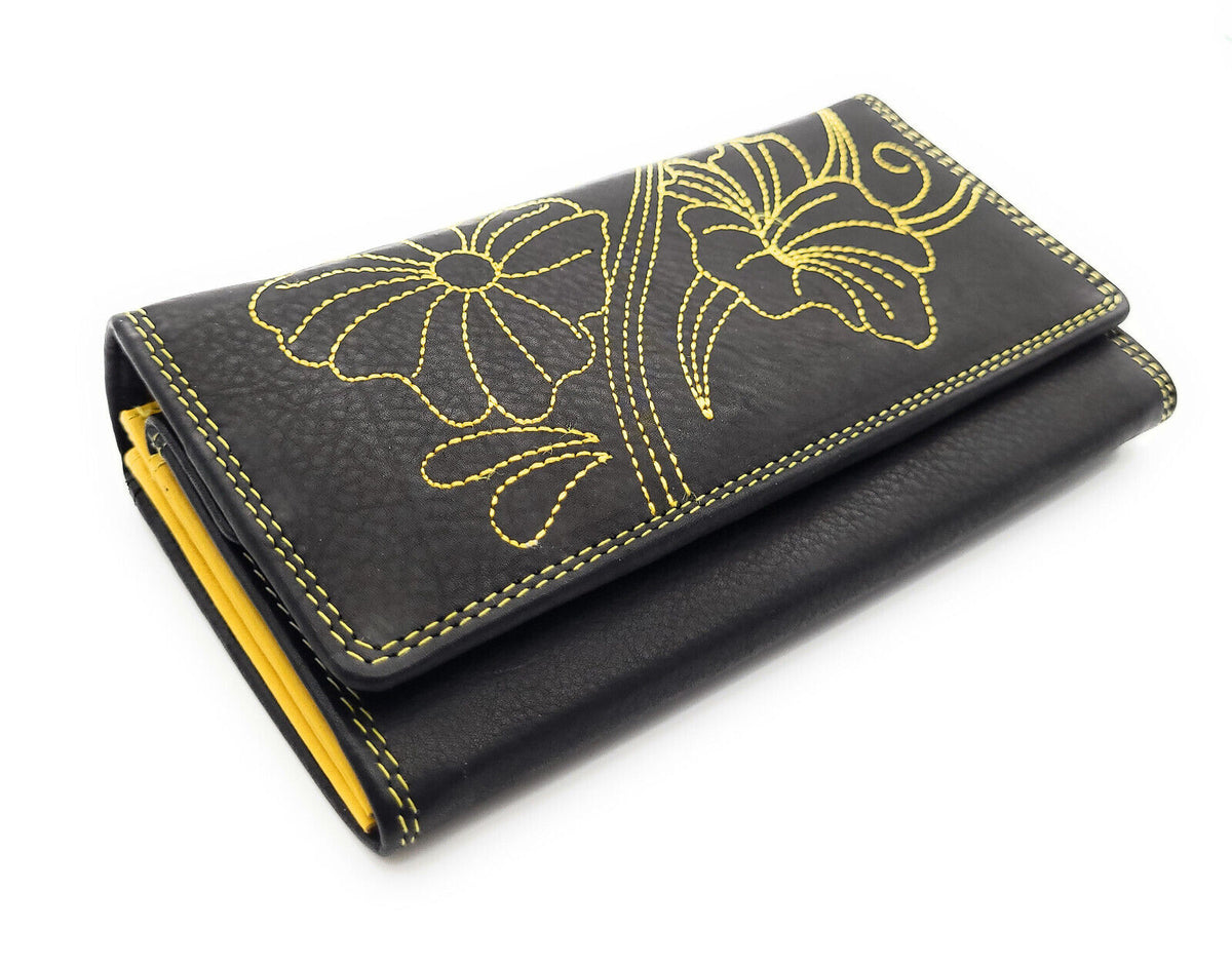 Jockey Club echt Leder Damen Geldbörse Portemonnaie mit RFID Schutz Flower gelb