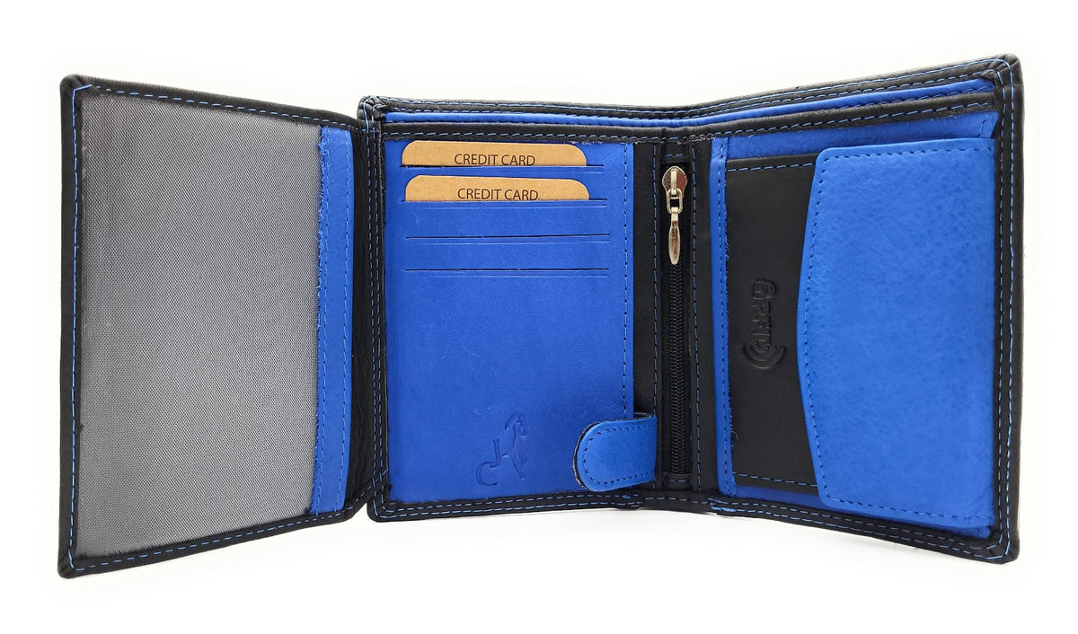 Jockey Club Basic Geldbörse aus Rindleder mit RFID-Schutz, Reißverschlussfach, 6 Kartenfächern, 2 Sicht- & 2 Einsteckfächern, Münzfach & Doppelnaht schwarz royal