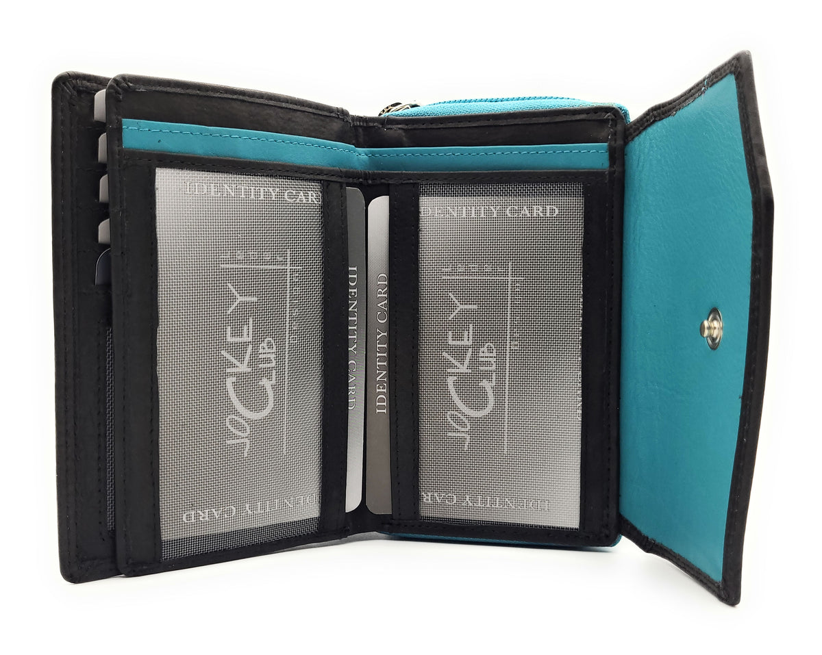 Jockey Club Leder-Geldbörse mit RFID-Schutz – Triangel-Design schwarz-türkis