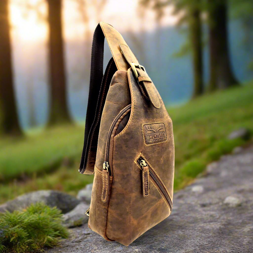 Crossbag / Slingbag aus echtem Hunterleder – Umhängetasche mit Reißverschlussfächern & verstellbarem Gurt, Vintage-Look, für Damen & Herren