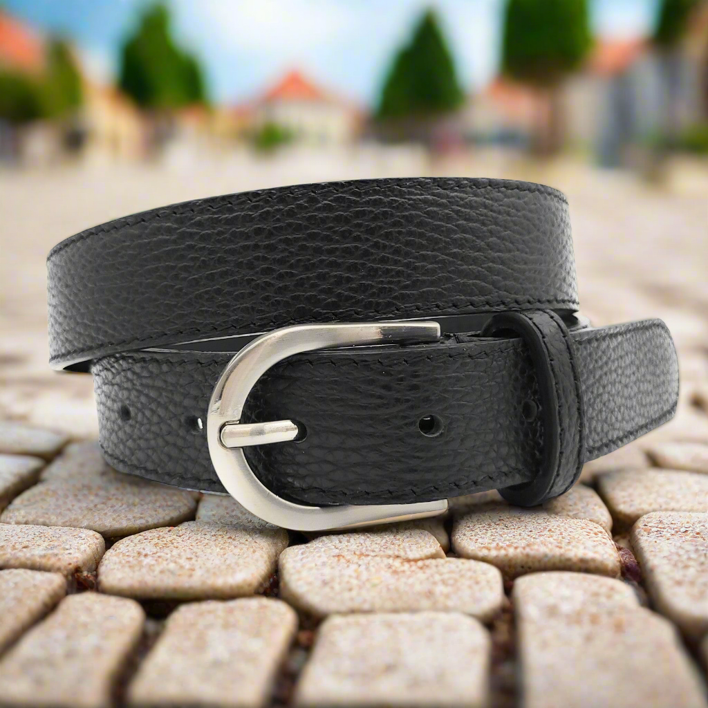 Echtledergürtel Made in Italy – ca. 30 mm breit, kürzbar, Metallschließe, genarbte Oberfläche, 5 Loch Gürtel für Herren & Damen schwarz