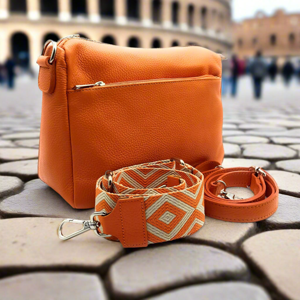 Kleine Handtasche aus echtem Leder – Made in Italy – mit 2 abnehmbaren Schultergurten & silbernen Details – Orange