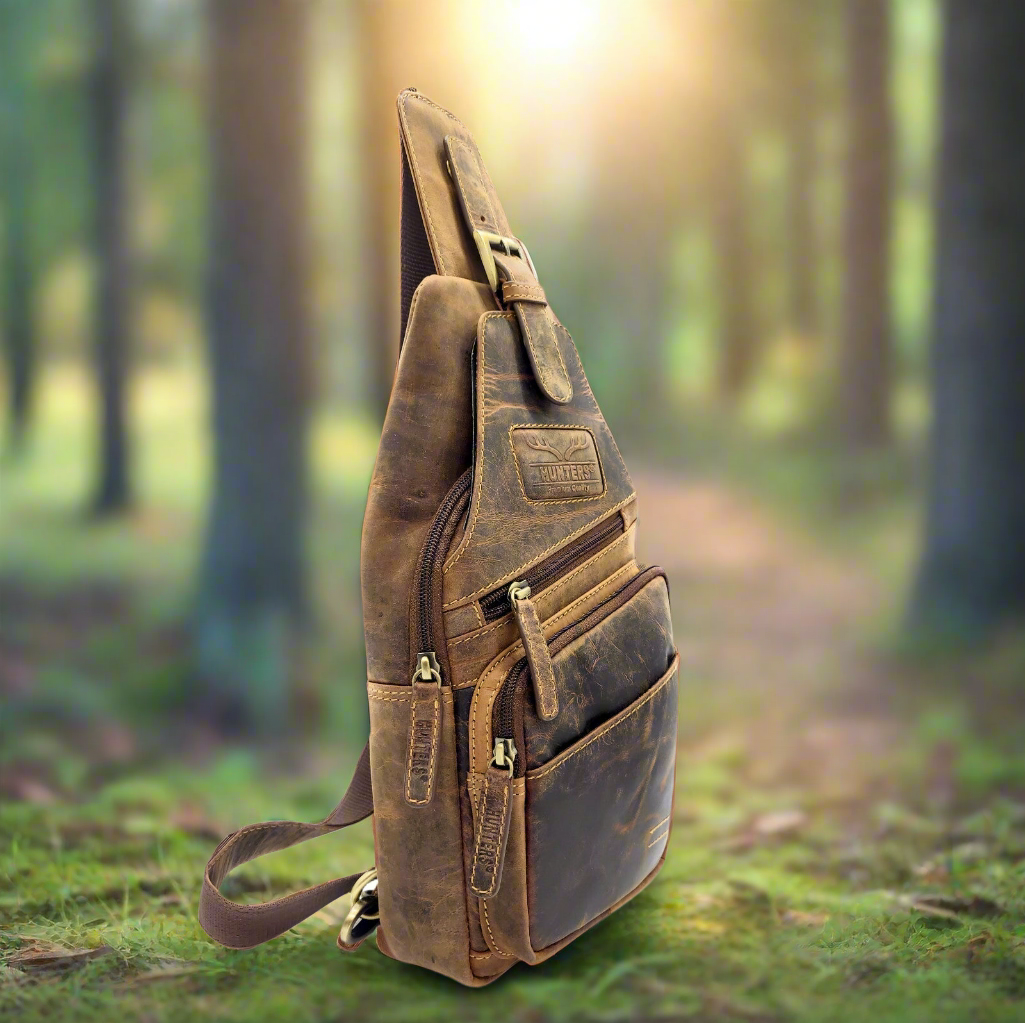 Hunters Crossbag Slingbag aus echtem Hunterleder – Vintage-Umhängetasche mit Platz für 0,33L Wasserflasche & Tablet