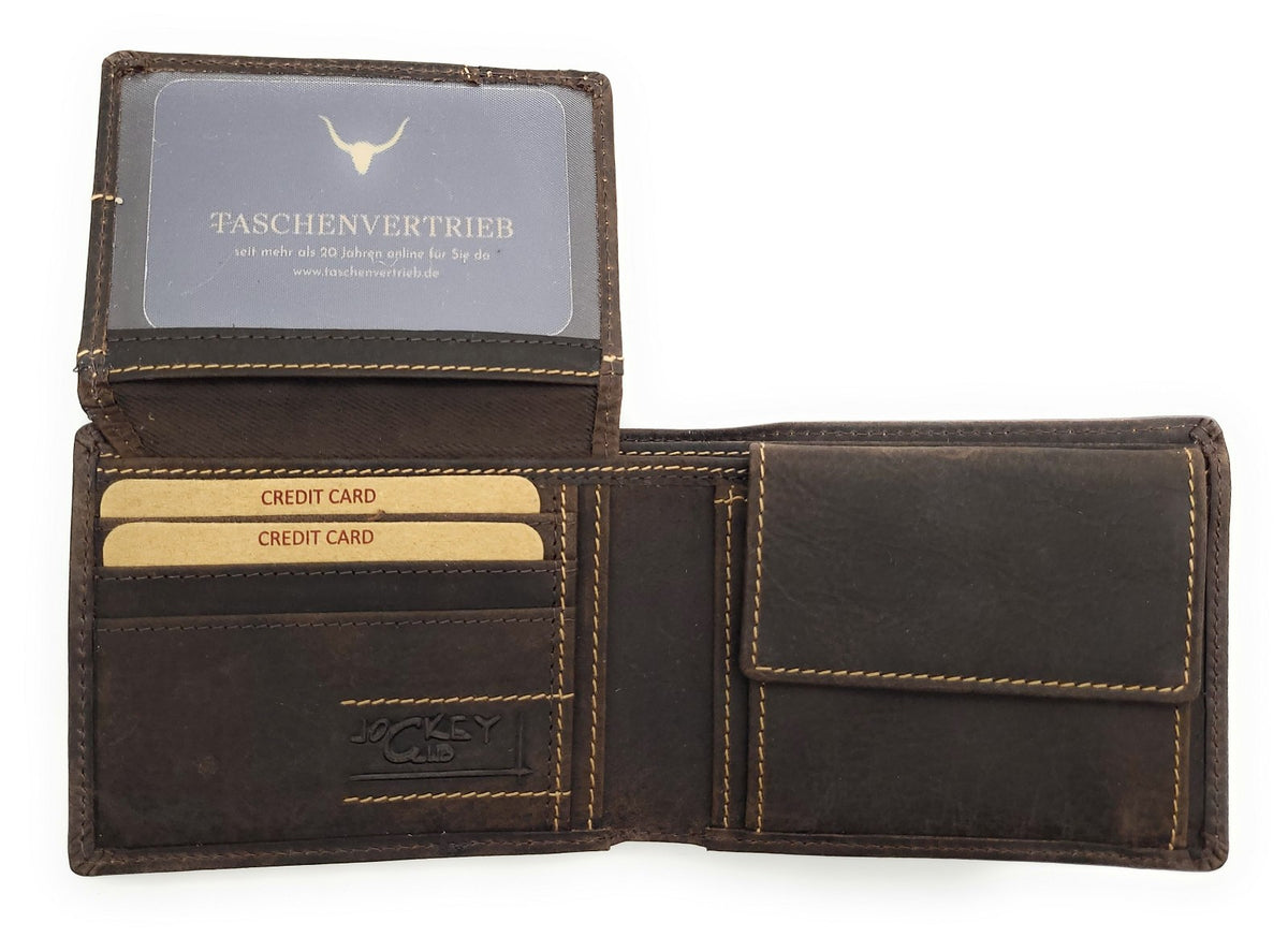 Jockey Club Serie Toro Mini Geldbörse Damen & Herren aus Hunterleder rustikal mit RFID Schutz, kompakt, 6 Kartenfächer, Münzfach mit Chipfach, 2 Scheinfächer, dunkelbraun