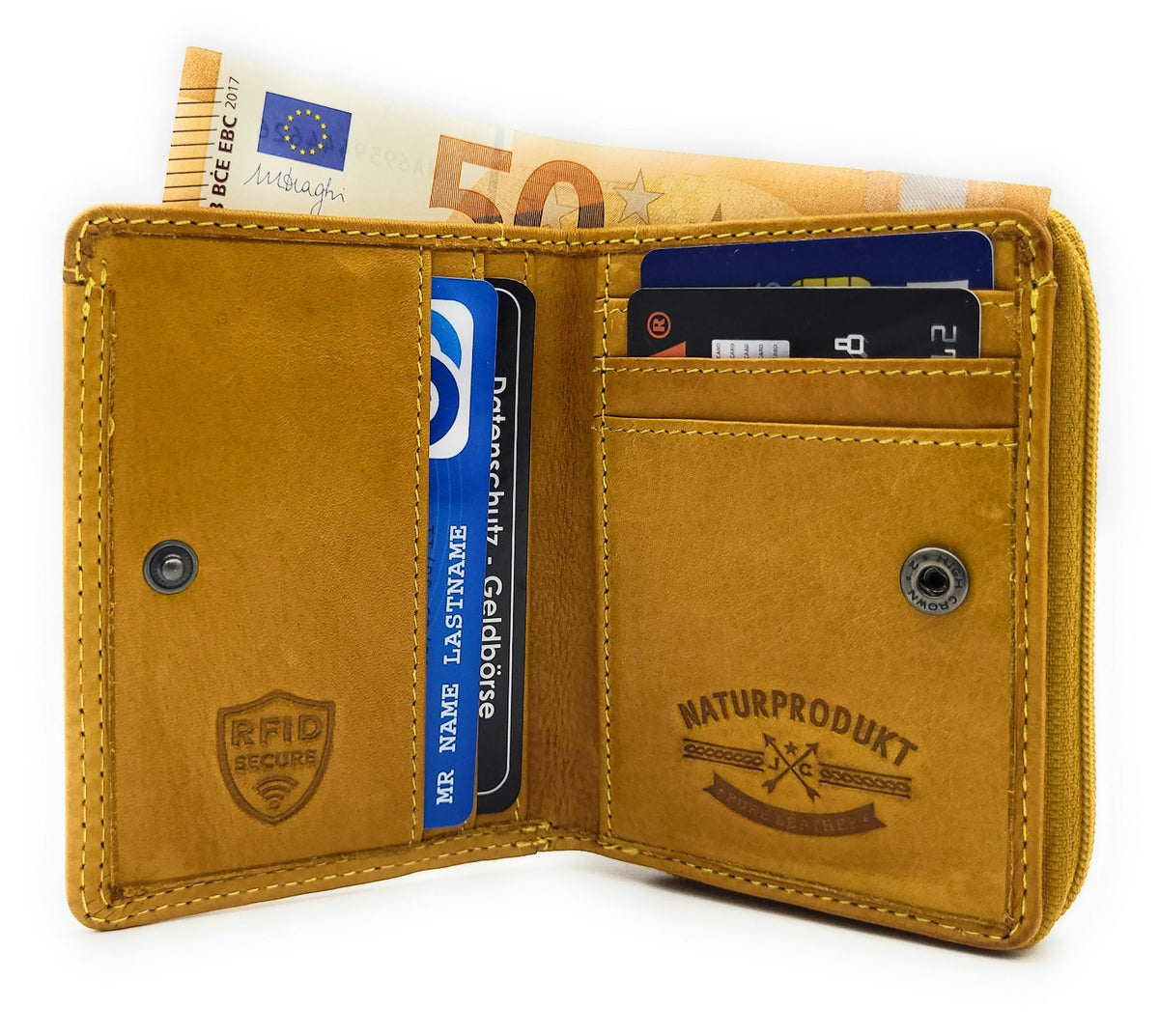 Jockey Club RFID Leder-Geldbörse mit Schmetterlingsprägung – kleine Damenbörse mit Reißverschluss & Chipfach curry gelb