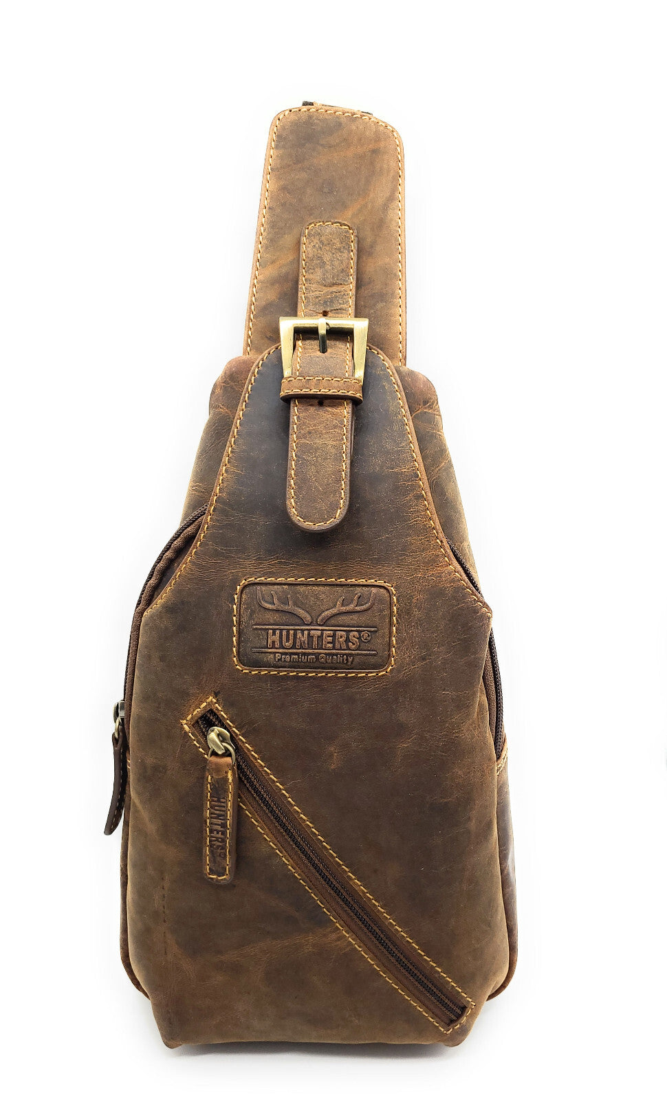 Crossbag / Slingbag aus echtem Hunterleder – Umhängetasche mit Reißverschlussfächern & verstellbarem Gurt, Vintage-Look, für Damen & Herren