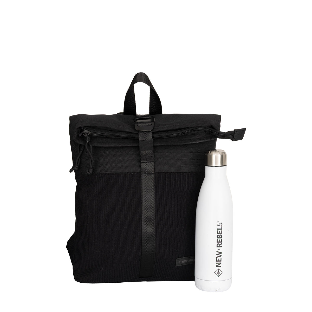 New Rebels Ribbi Rolltop-Rucksack mit Cord-Panel – Schwarz