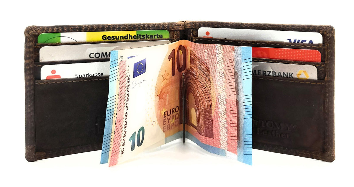 Ven Tomy Dollarclip aus Hunterleder – elegante Geldbörse & Geldklammer mit 6 Kartenfächern und Reißverschlussfach für Münzen – Slim Wallet Herren