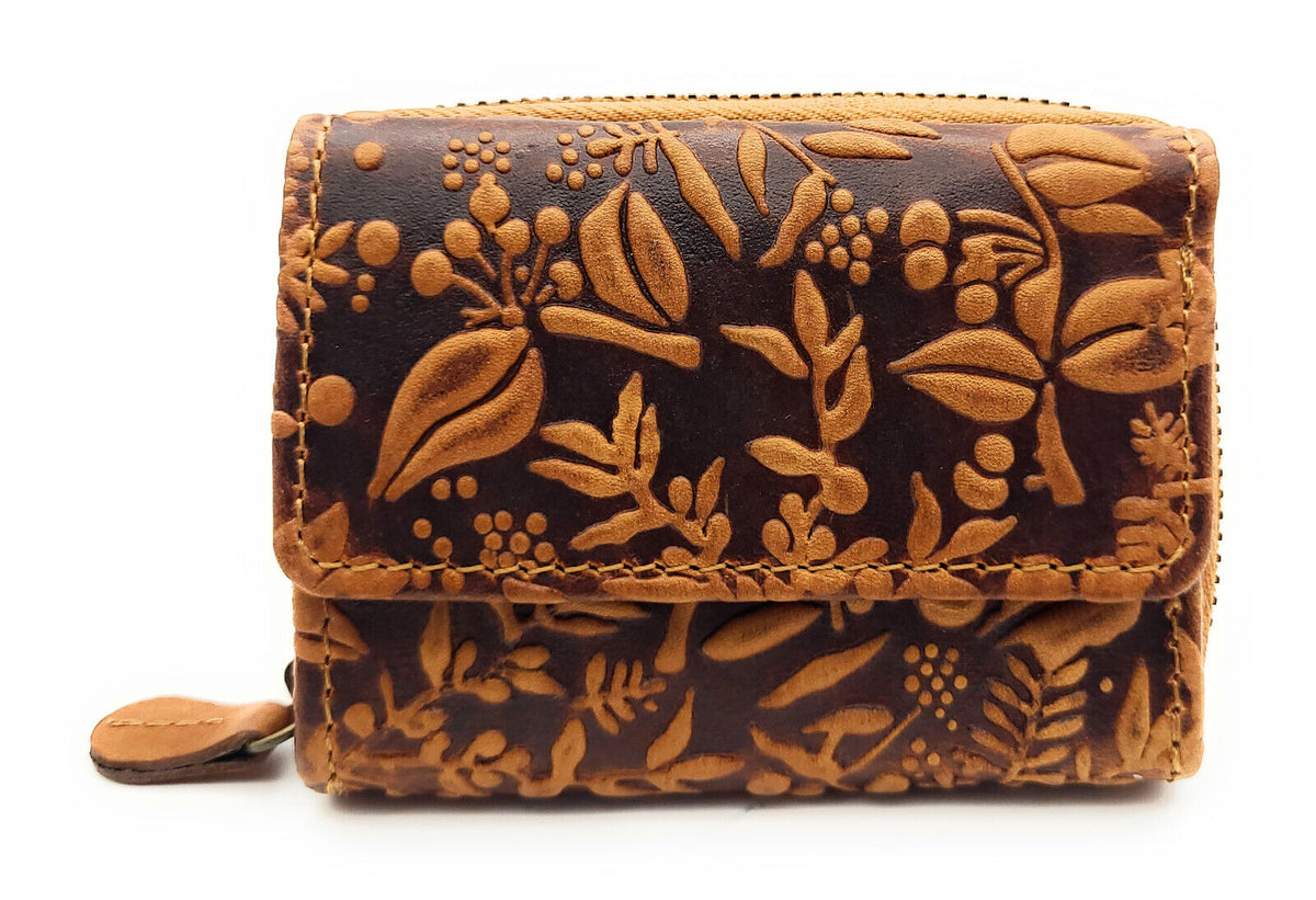 Hill Burry Mini echt Leder Damen Geldbörse Portemonnaie RFID NFC Schutz floral cognac
