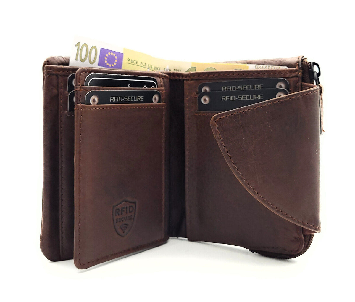 Jockey Club kleine echt Leder Geldbörse Portemonnaie mit RFID Schutz gewachstes Rindleder braun