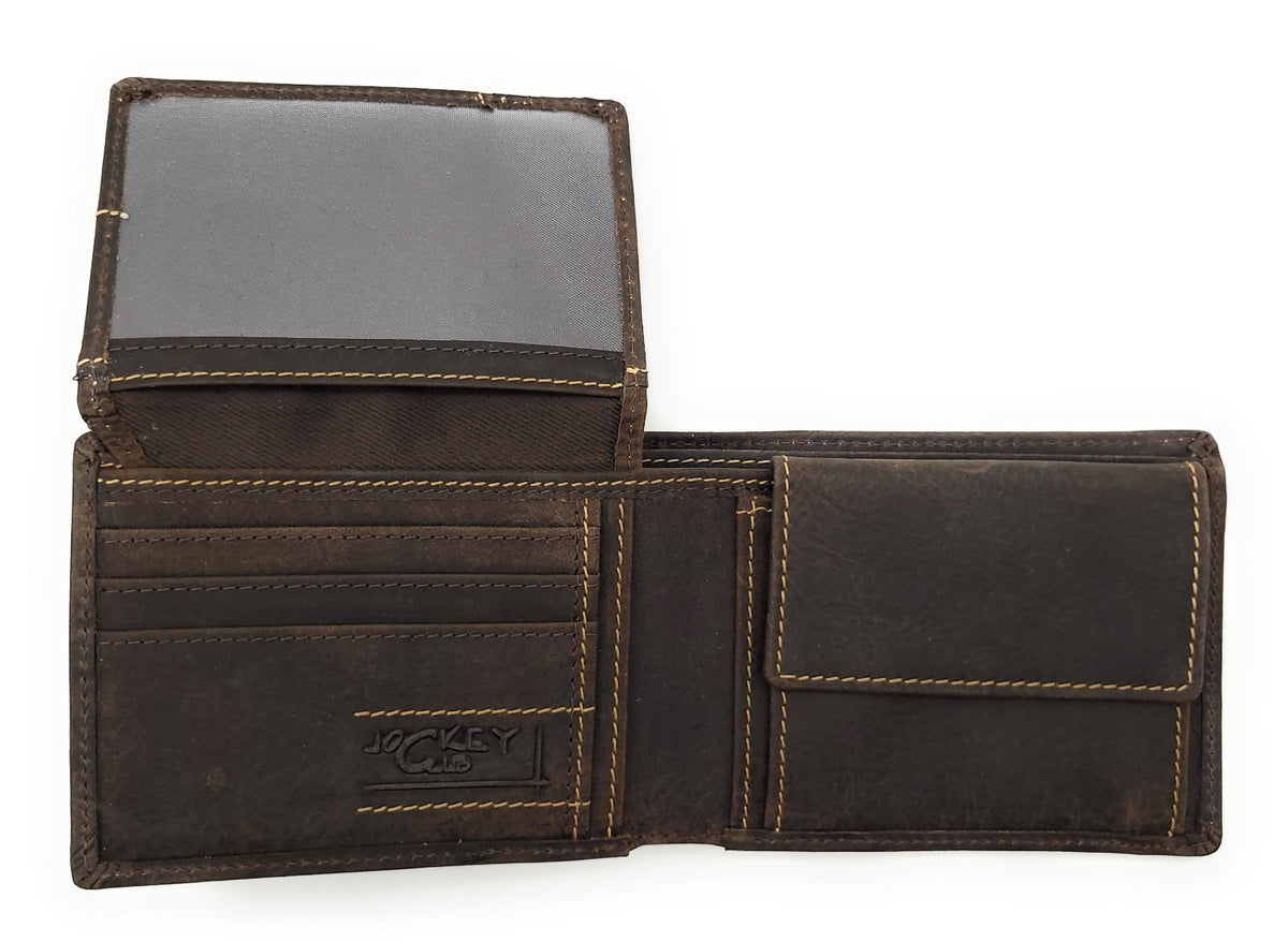 Jockey Club Serie Toro Mini Geldbörse Damen & Herren aus Hunterleder rustikal mit RFID Schutz, kompakt, 6 Kartenfächer, Münzfach mit Chipfach, 2 Scheinfächer, dunkelbraun