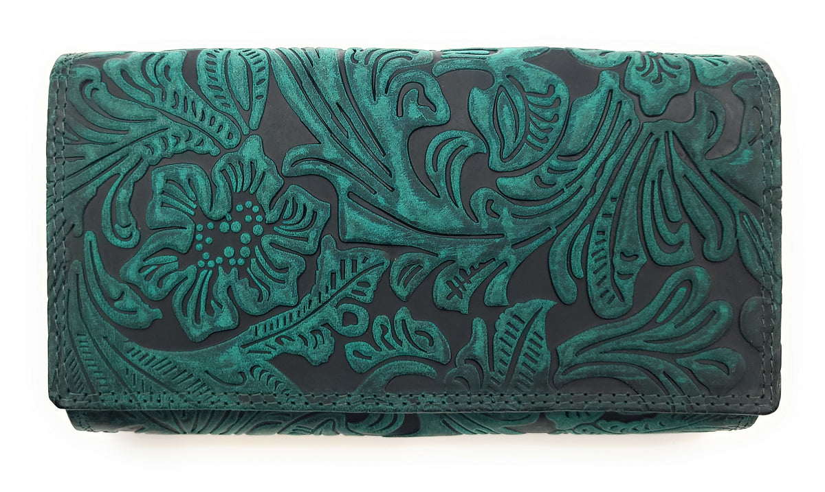 Damen Geldbörse Groß Echt Leder RFID Schutz - Büffelleder Portemonnaie mit 18 Kartenfächern - Große Brieftasche mit Blumenprägung grün
