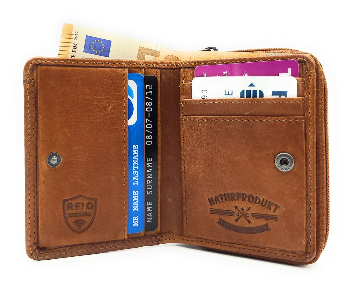 Jockey Club RFID Leder-Geldbörse mit Schmetterlingsprägung – kleine Damenbörse mit Reißverschluss & Chipfach cognac braun