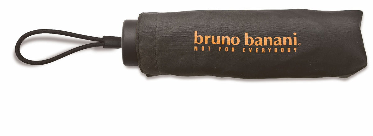 bruno banani Regenschirm Shorty – Handöffner, 7-teiliges Gestell, Polyester Pongee, mattierter Griff mit Logodruck, Schirmdach mit orangener Borte, Hülle mit Reißverschluss Schwarz Orange