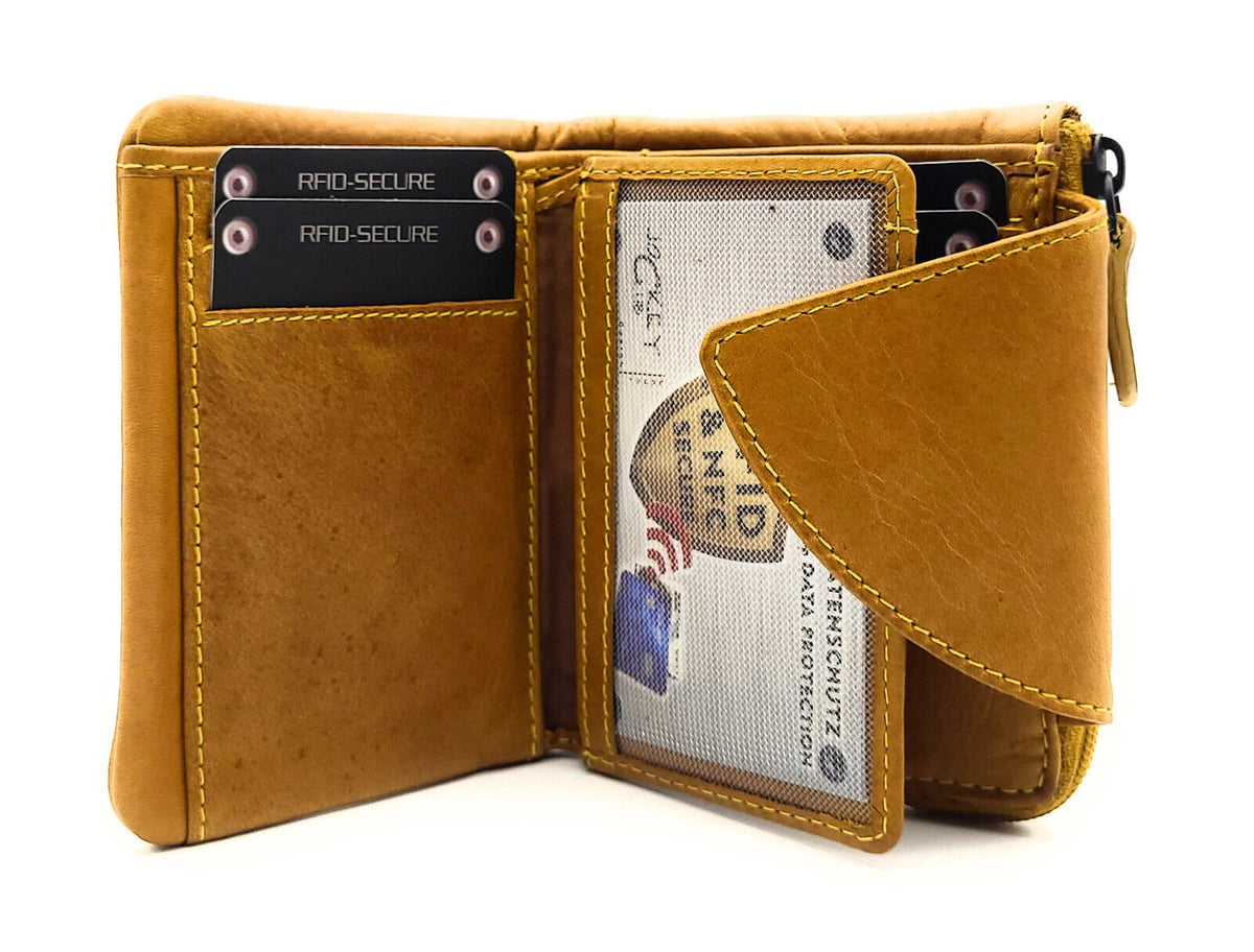 Jockey Club kleine echt Leder Geldbörse Portemonnaie mit RFID Schutz gewachstes Rindleder curry