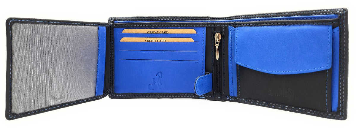Jockey Club Basic Geldbörse aus Rindleder mit RFID-Schutz, Reißverschlussfach, 6 Kartenfächern, 2 Sicht- & 2 Einsteckfächern, Münzfach & Doppelnaht schwarz royal