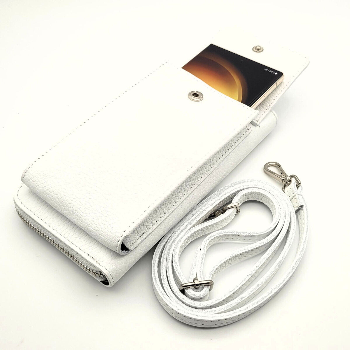 echt Leder Handybörse Smartphonetasche Geldbörse Umhängetasche made in Italy weiß
