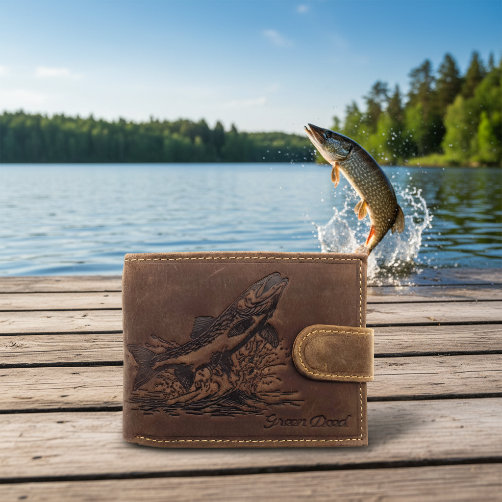 Green Deed Geldbörse aus Hunterleder – Dunkelbraun mit geprägtem Hecht-Motiv, RFID-Schutz & Geschenkbox