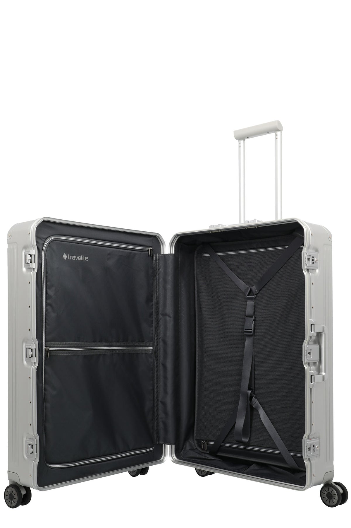 Travelite Next Trolley L – Aluminium Koffer 100 L, TSA, 4 Rollen, variable Packplatte
