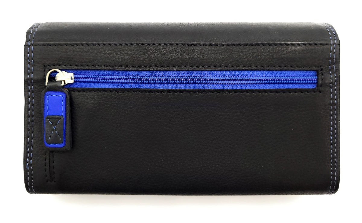Jockey Club Echt Leder Damen Geldbörse RFID Schutz – Portemonnaie Bicolor Schwarz/Blau – Viele Fächer, Druckknopf, Reißverschluss, großes Münzfach