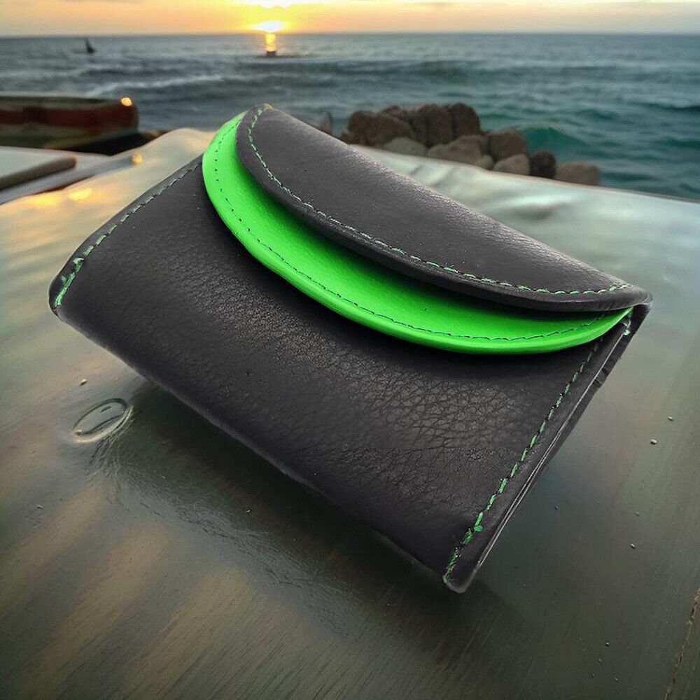Jockey Club echt Leder Mini Geldbörse Wickelbörse Urlaubsbörse mit RFID Schutz schwarz limette