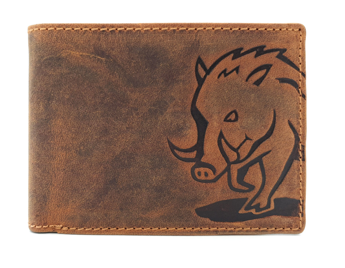 Herren Geldbörse aus echtem Hunterleder mit Wildschwein-Prägung – Geschenk für Jäger