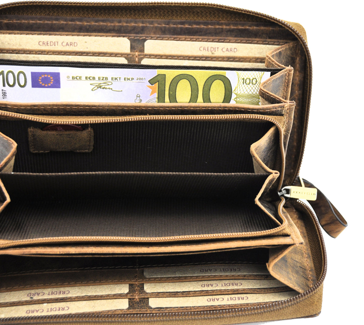 Jockey Club große echt Leder Damen Reißverschluss Geldbörse mit RFID Schutz lang Kolibri naturbelassenes Büffelleder Cognac braun