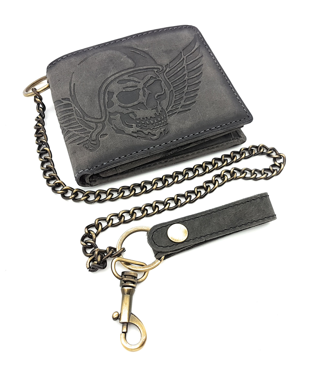 Jockey Club echt Leder Geldbörse Hunterleder Portemonnaie mit Kette Totenkopf Wing of Hell mit RFID Schutz grau
