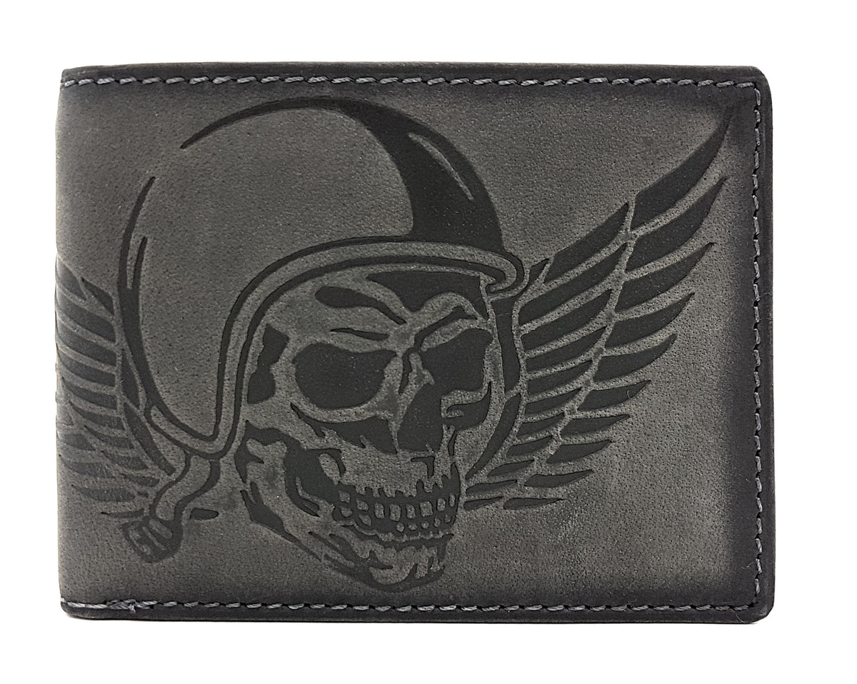 Jockey Club Wing of Hell Geldbörse aus dunkelgrauem Hunterleder mit Totenkopfprägung und RFID-Schutz.