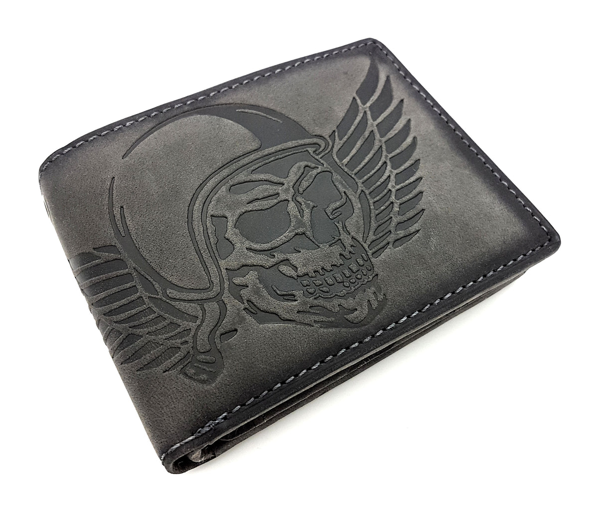 Jockey Club Wing of Hell Geldbörse aus dunkelgrauem Hunterleder mit Totenkopfprägung und RFID-Schutz.