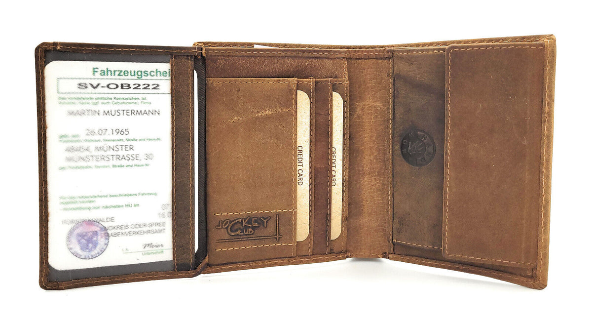 Jockey Club Geldbörse aus echtem Hunterleder – Vintage-Look Braun mit Sichtfach für KFZ-Papiere & RFID-Schutz