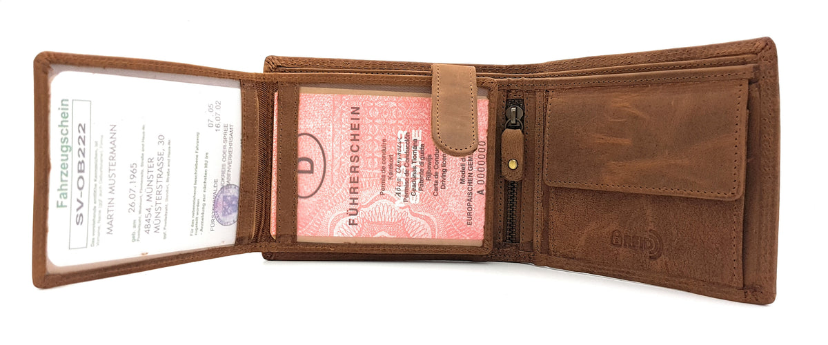 McLean echt Büffel Voll-Leder Männer Geldbörse, quer, naturbelassenes Hunterleder Portemonnaie Totenkopf Schädel Skull mit RFID NFC Schutz