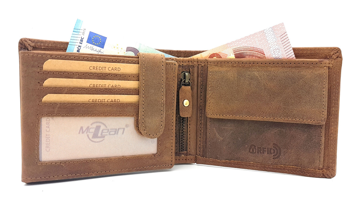 Jockey Club Basic echt Büffel Voll-Leder Geldbörse für Männer, naturbelassenes Hunterleder Portemonnaie Traktor mit RFID NFC Schutz