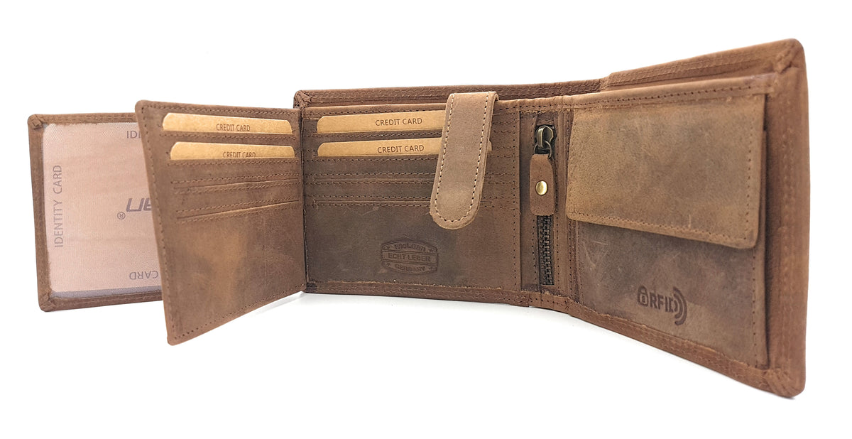 Jockey Club Basic echt Büffel Voll-Leder Geldbörse für Männer, naturbelassenes Hunterleder Portemonnaie Traktor mit RFID NFC Schutz
