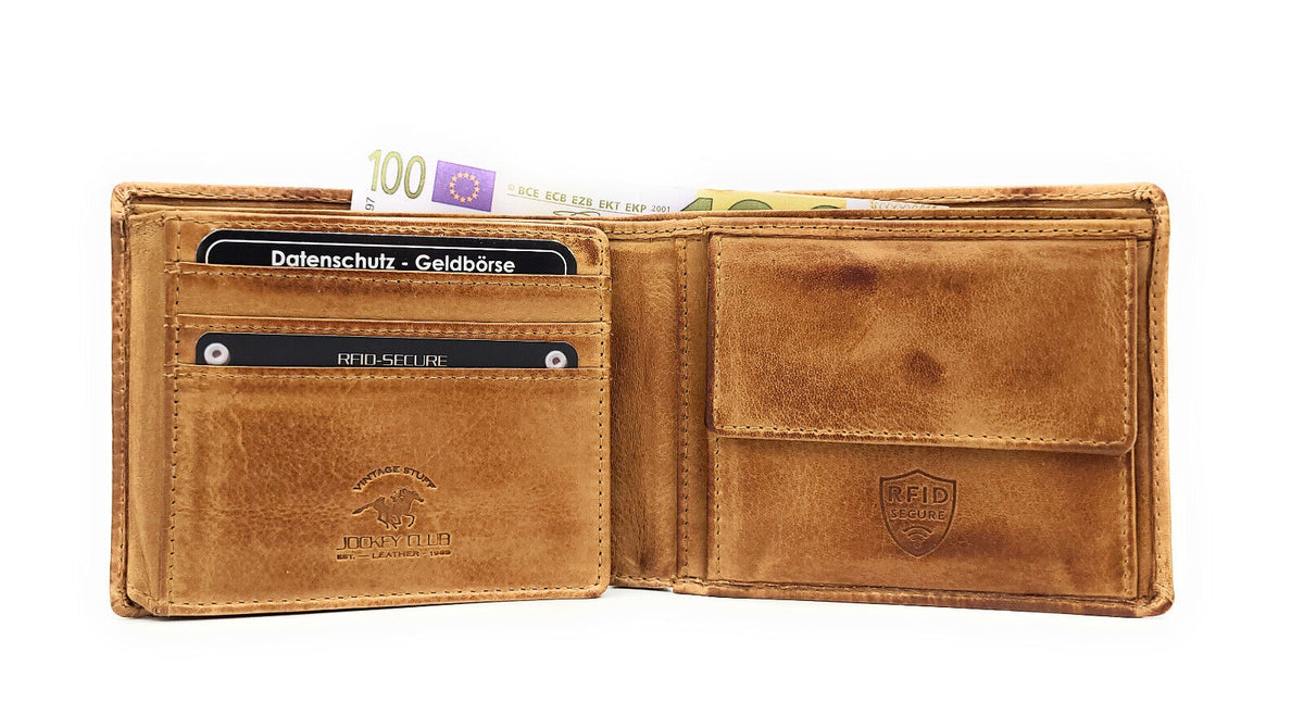 Jockey Club echt Leder Geldbörse Portemonnaie Vintage mit RFID Schutz cognac