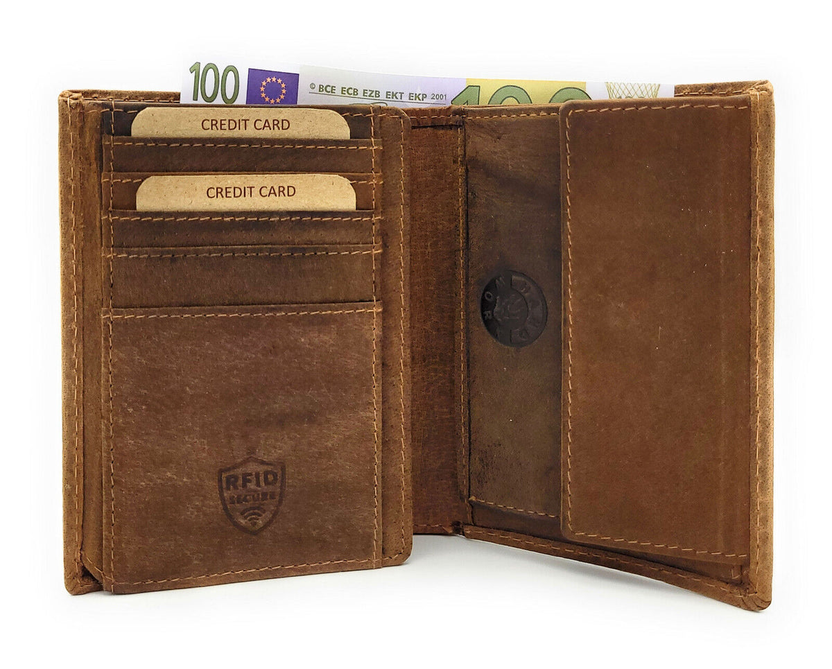 Jockey Club Geldbörse aus echtem Hunterleder – Vintage-Look Braun mit Sichtfach für KFZ-Papiere & RFID-Schutz