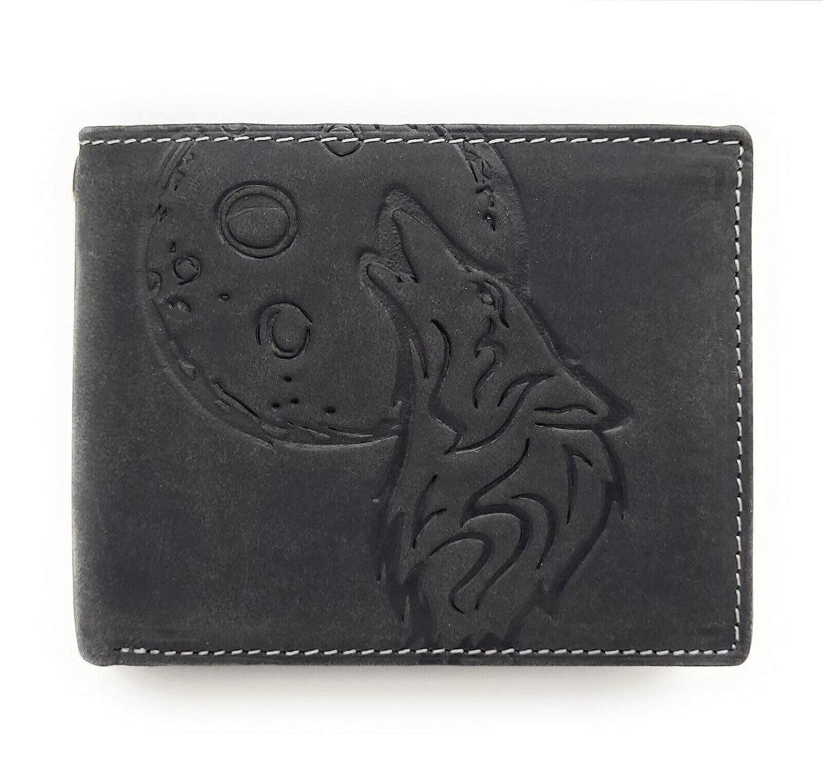 echt Leder Geldbörse Portemonnaie heulender Wolf Mond mit RFID NFC Schutz black