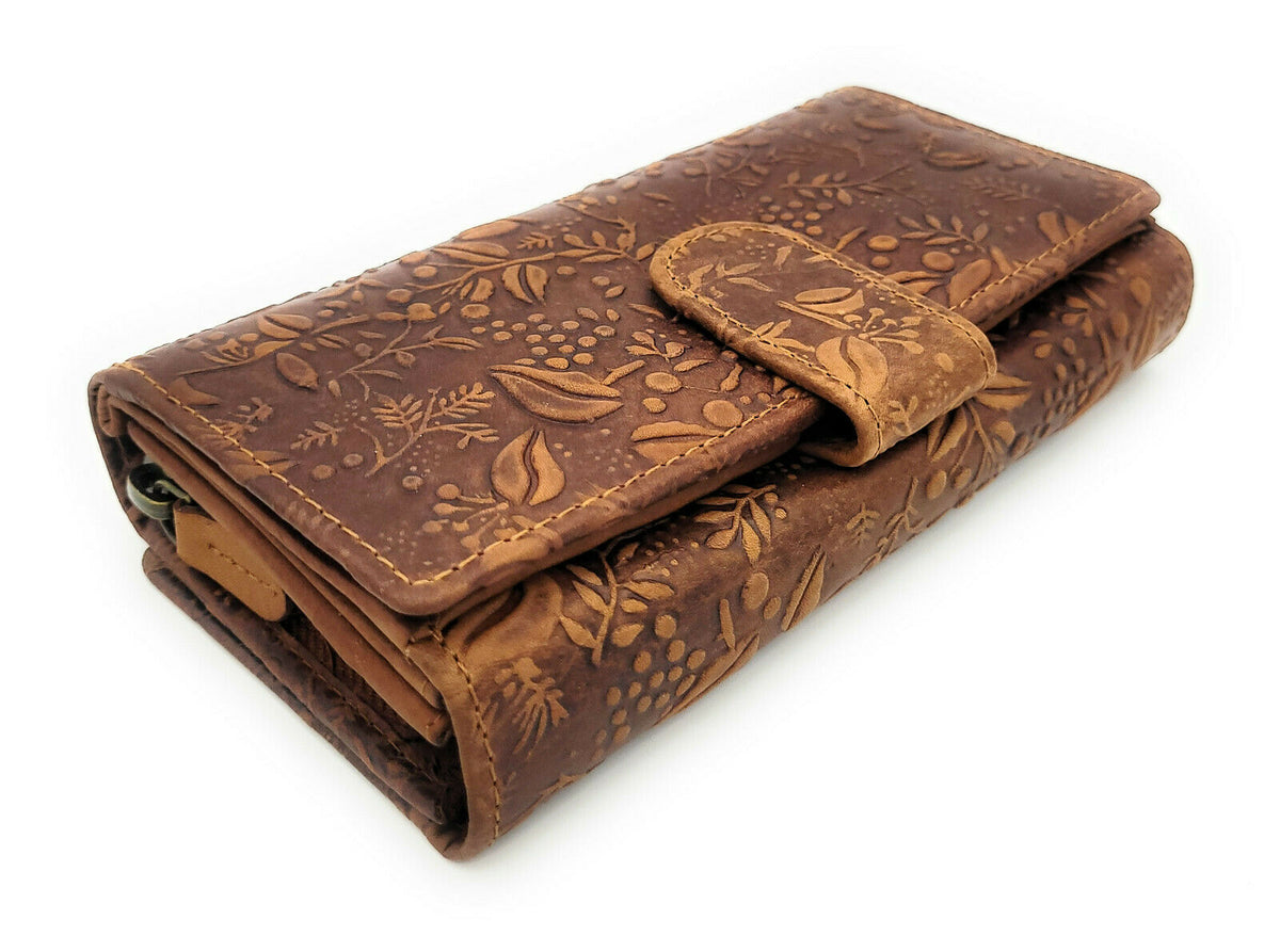 Hill Burry Damen Geldbörse Leder Braun RFID Schutz - 17 Kartenfächer Portemonnaie mit Münzfach - Naturleder Brieftasche floral geprägt Vintage