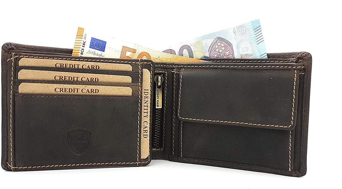 Jockey Club rustikale echt Vollrind-Leder Geldbörse Portemonnaie Geldbeutel mit RFID NFC Schutz braun