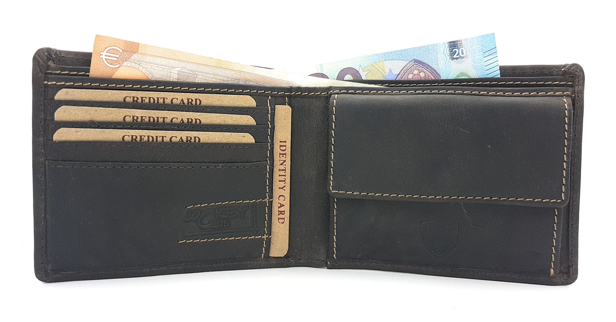 Jockey Club Herren Geldbörse aus echtem Leder mit RFID Schutz – Vintage Portemonnaie aus Vollrind-Hunterleder dunkelbraun mit 7 Kartenfächern "Toro"
