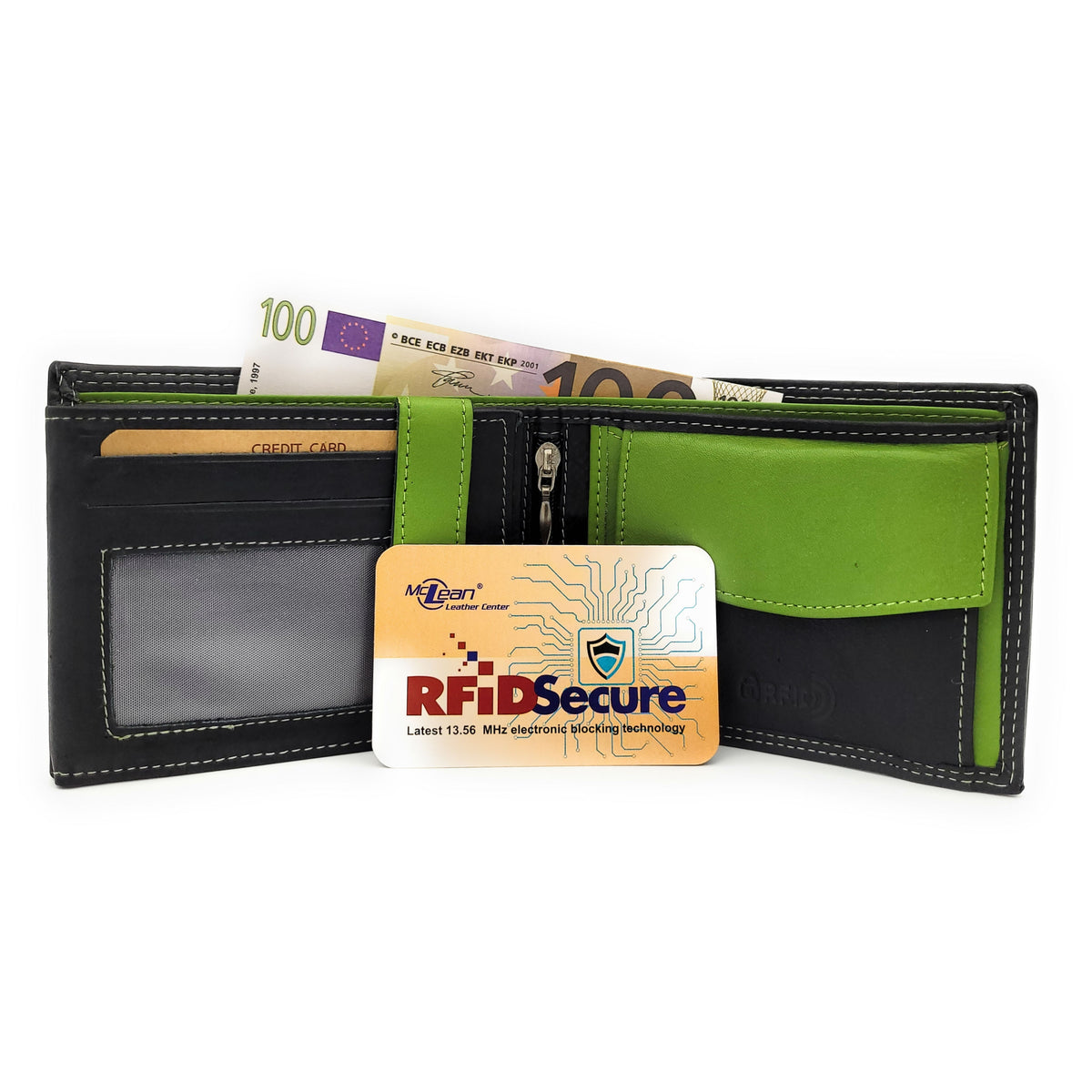 Jockey Club Basic Geldbörse Rindleder Schwarz/Grün mit RFID-Schutz