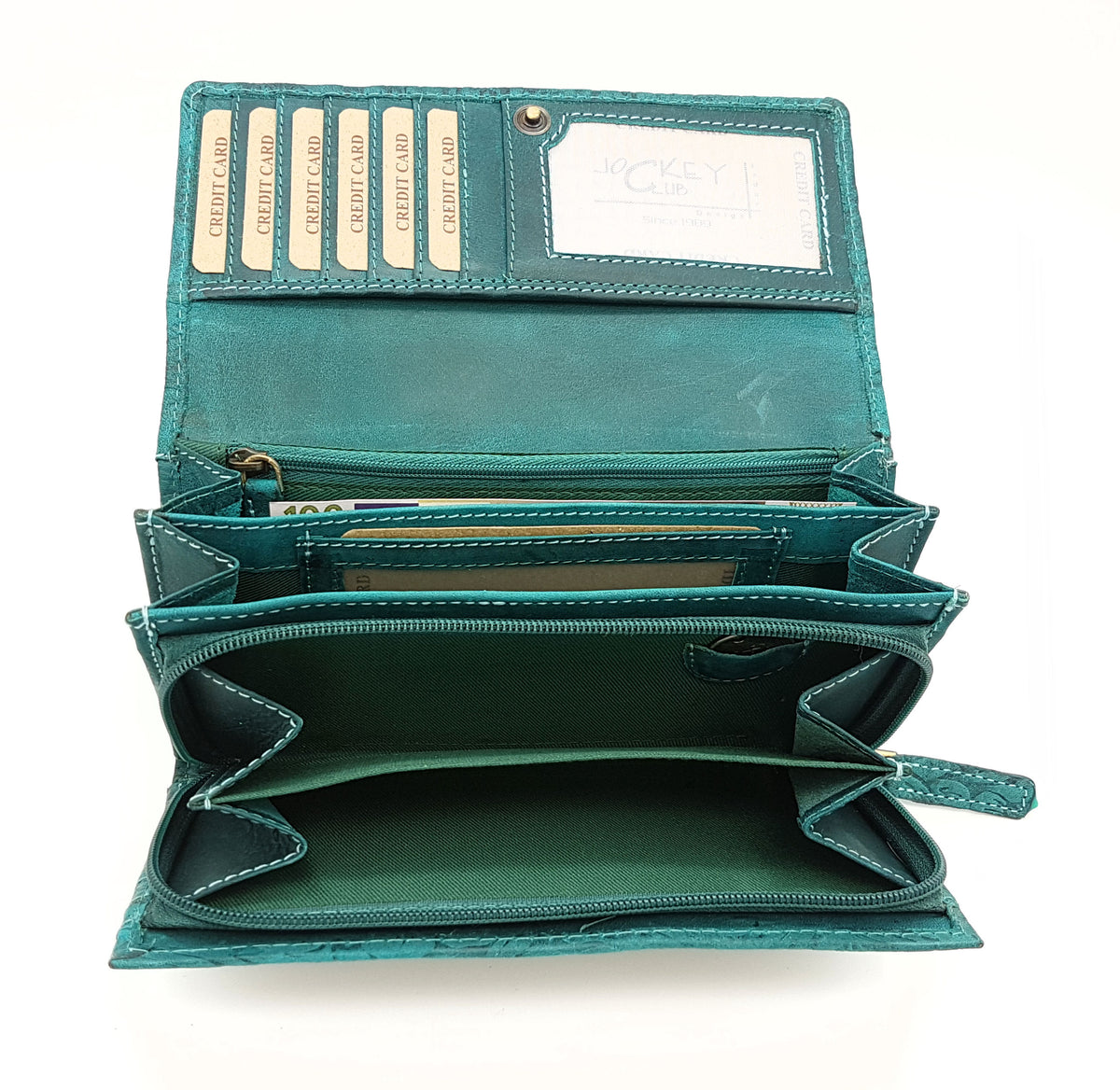 Jockey Club Damengeldbörse, Portemonnaie aus Echtleder mit RFID-Schutz & Blüten-Prägung petrol