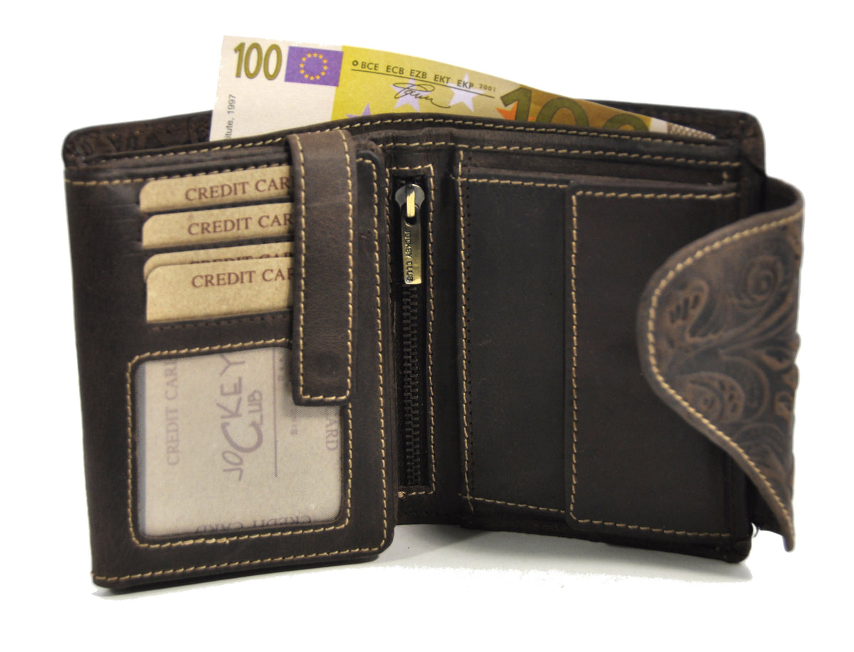 Jockey Club echt Leder Damen Geldbörse Portemonnaie geprägtes Vollrindleder floral mit RFID Schutz Liane braun