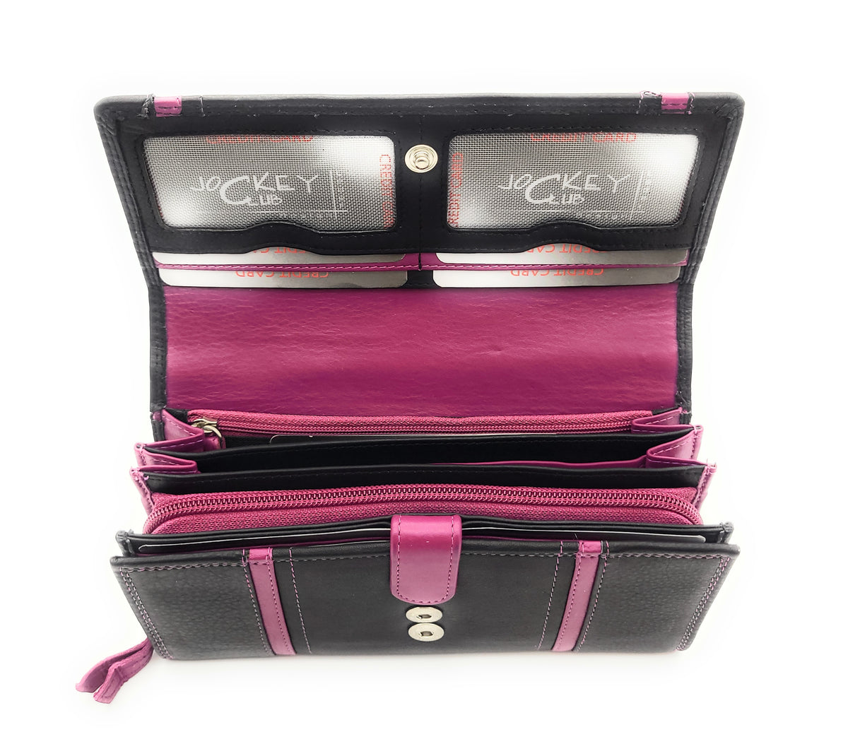 Jockey Club XL echt Leder Damen Geldbörse Portemonnaie 16 Kartenfächer mit RFID Schutz schwarz pink