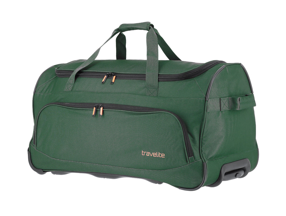 Travelite Basics Fresh Rollenreisetasche Dunkelgrün, 89 Liter, mit zwei Rollen und Teleskopgriff