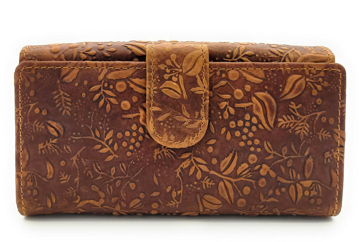 Hill Burry Damen Geldbörse Leder Braun RFID Schutz - 17 Kartenfächer Portemonnaie mit Münzfach - Naturleder Brieftasche floral geprägt Vintage